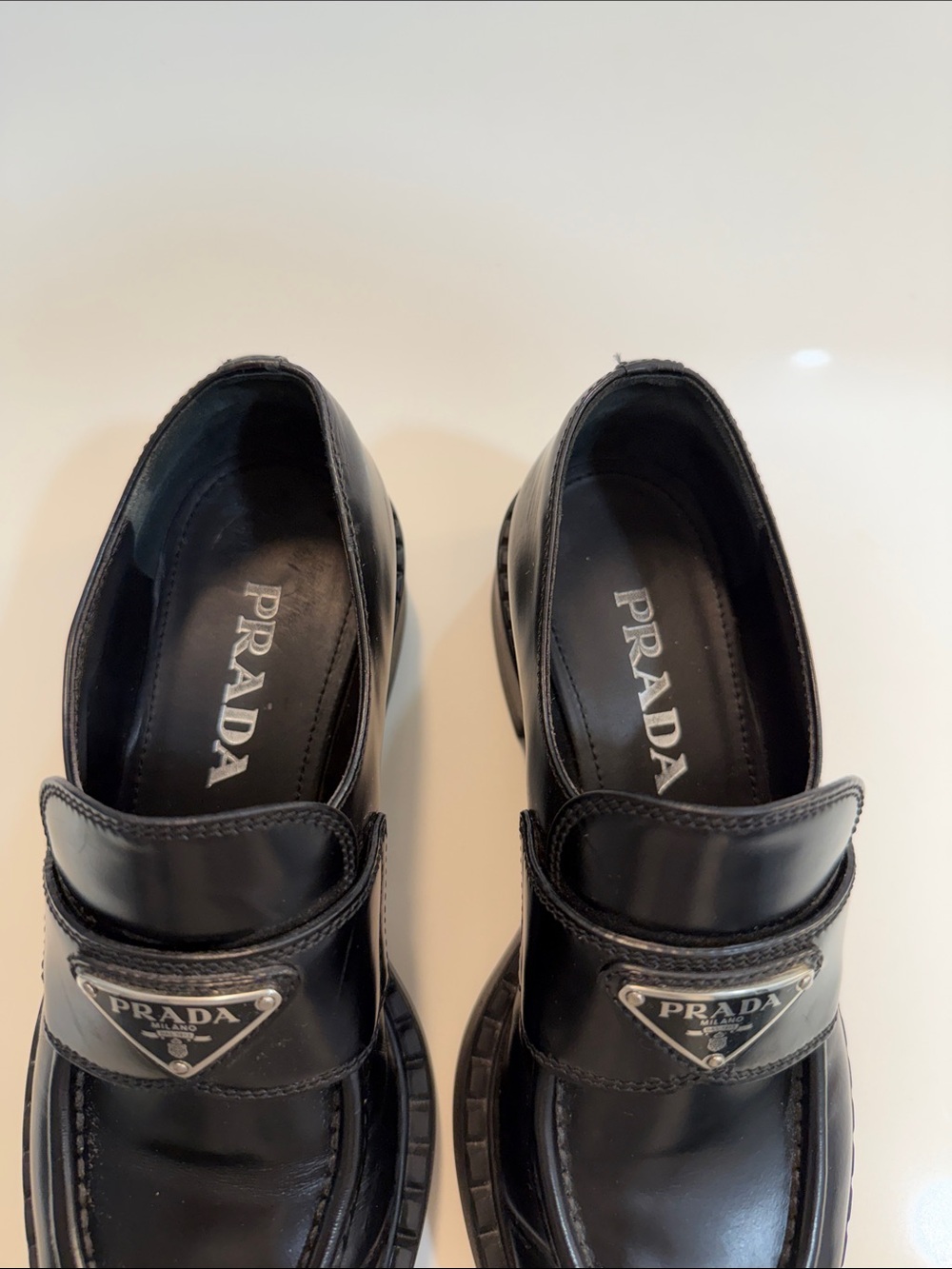 Prada Black Leather Lug-Sole Penny Loafers - Picture 5 of 7